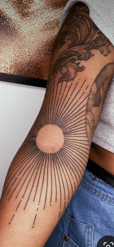 Sun Tattoo Elbow Crease, Sun Tattoo Arm Half Sleeves, Round Elbow Tattoo, Elbow Compass Tattoo, Spiral Of Life Tattoo, Elbow Wrap Tattoo, Elbow Crease Tattoo Inner, Sun Elbow Tattoo, Around Elbow Tattoo