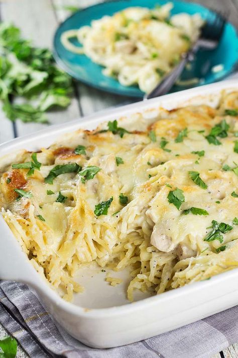 Cheesy Chicken Spaghetti Bake Cheesy Chicken Spaghetti Bake, White Spaghetti Recipe, Chicken Spaghetti Bake, Classic Casseroles, Baked Chicken Spaghetti, Alfredo Recipes, Spaghetti Bake, Cheesy Spaghetti, Cheesy Chicken Spaghetti