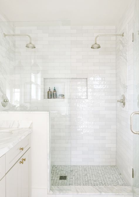 Design by Jessica Nelson Design, Bathroom Remodel, Bathroom Interior Design, Bathroom, Bathroom Design, Bathroom Ideas, Bathroom Decor, Shower Tile, Shower Plumbing, White Tile, Subway Tile Bathroom, Bathroom Inspiration, Bathroom Remodel Inspiration, Bathroom Inspo, Bathroom Remodel Inspo, Bathroom Tile, Bathroom Shower, Bathroom Vanity, White Bathroom, Remodel, Interior Design Inspiration, Interior Design Inspo, Interior Design, Double Shower Heads Master Bath Flooring Tile, Beach Spa Bathroom, Bathroom Tile Pairings, Calm Bedroom Paint Colors, Ann Sacks Tile Bathroom, White Stone Bathroom, Poolhouse Bathrooms, Pool Casita, Subway Tile Bathroom Ideas