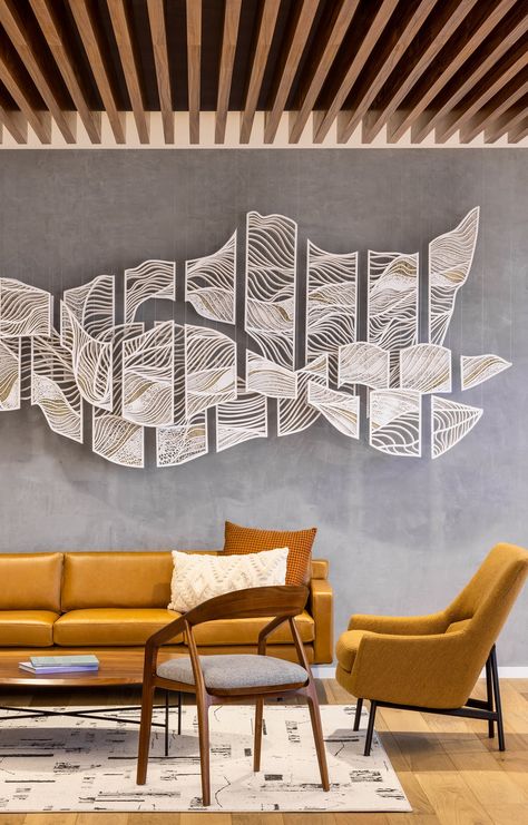 CoreLogic Headquarters Renovation | SmithGroup Office Wall Art Ideas, Office Wall Graphics, Wall Art Sculpture, Corporate Interiors, Meditation Room, Wall Sculpture Art, Wall Sculpture, Wall Graphics, Wall Deco