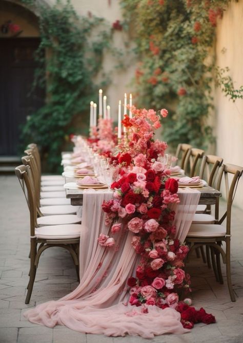 Long Table Party Decorations, Roses Dinner Table Settings, Beautiful Centerpieces Wedding, Valentine’s Day Table Scapes, Pink Red Wedding Decor, Eclectic Flower Arrangements, Red Blush White Wedding, Dark Green And Hot Pink Wedding, Carnation Wedding Decorations