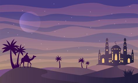 Man riding camel in desert night with mosque and moon background. Islamic concept, arabian desert landscape night view, silhouette vector illustration. Arabian Night Background, Camel In Desert, Arabic Illustration, Arabian Nights Theme Party, Desert Drawing, Arabian Theme, Arabian Nights Theme, Arabian Nights Party, Landscape Night