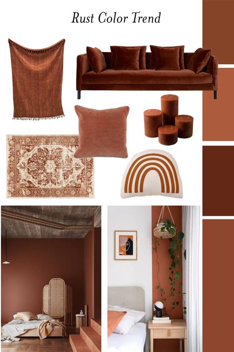 Rust Color Trend and How to Use It in Interiors Rust Wall Color Bedroom, Sherwin Williams Rust Colors, Sage And Rust Living Room, Rust Color Interior, Rust Wall Color, Rust Office, Rust Couch, Lady Cave Ideas, Tan Furniture