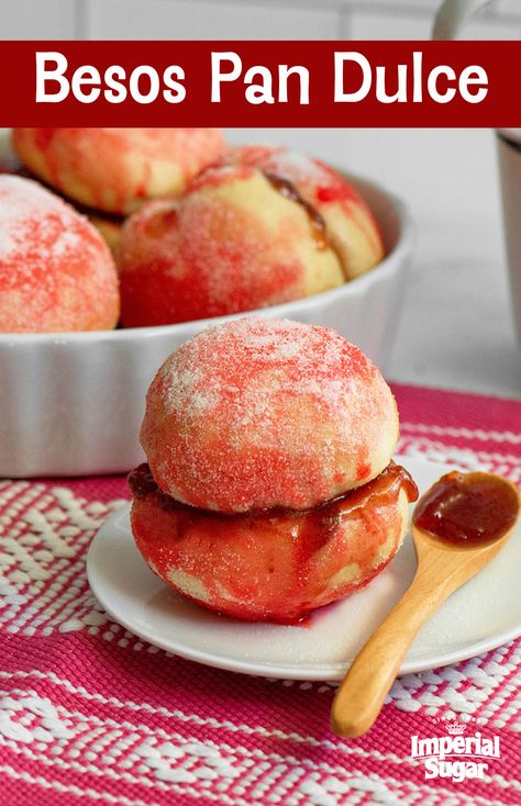 Besos Pan Dulce - Besos Pan Dulce is a perfectly sweet #bread sold in #Mexican #bakeries. Named for a #beso, or “kiss” as it appears the two breads covered in #pink #sugar (and sometimes #coconut) are “kissing.” These fun sweet treats are also known as #yo-yos, named after the shape of the popular #children’s toy. For more breads  muffins visit www.imperialsugar.com. #imperialsugar #besospandulce Pan Dulce Recipe, Mexican Bakery, Mexican Sweet Breads, Mexican Bread, Mexican Dessert Recipes, Yo Yos, Mexican Dessert, Pink Sugar, Sweet Bread