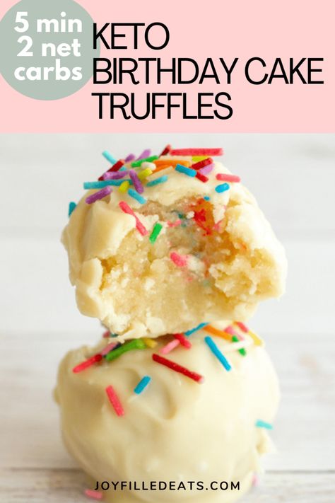 You can make a small batch of these Cake Batter Truffles in just 5 minutes! They taste like a bite of sprinkle laden birthday cake. You can make a small batch of keto truffles in 5 minutes! These keto truffles are vibrant, easy to make, and absolutely delicious. Keto Cake Batter Truffles are the next big thing when it comes to desserts! They are great for on-the-go & can be a keto fat bite. This easy recipe is also low carb, gluten-free, sugar-free, grain-free, and Trim Healthy Mama friendly. Keto Friendly Birthday Cake, Keto Cake Batter, Keto Truffles, Birthday Cake Truffles, Keto Birthday, Cake Batter Truffles, Keto Birthday Cake, Light Dessert, Snacks Easy