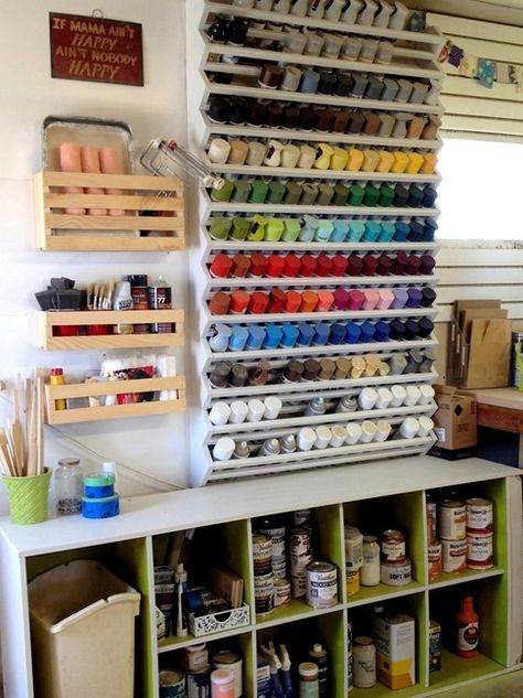 DIY Spray Paint Rack... with free building plans! {Sawdust and Embryos} Spray Paint Storage, Paint Rack, Garage Organization Tips, Free Building Plans, Woodshop Organization, Diy Spray Paint, Shed Organization, Garage Organization Diy, Paint Storage