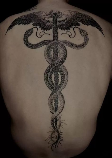 Spine Tattoos For Men, Unique Spine Tattoos, Hermes Tattoo, Caduceus Tattoo, Back Tattoos Spine, Colour Tattoo For Women, Serpent Tattoo, Realistic Tattoo Sleeve, Full Back Tattoos