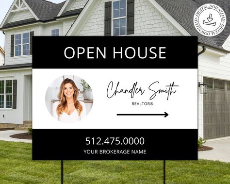 ☆ Black Real Estate Yard Open House Sign Template | For Sale Yard Sign | Customizable For Sale Signage | Open House Directional | Canva Template ☆ Are you ready to take your real estate marketing game to the next level? We have made it our mission to save you the time and stress of creating your own marketing material. We stay up to date on the latest marketing trends and provide you with custom and unique real estate marketing content to stand out online and offline. This is an instant downloadable Canva Template for modern real estate agents that want to stand out on social media. This template is 100% customizable in the FREE version of Canva. This means that you will be able to easily add in your own information, photos, and can change the fonts, colors, etc. to fit your own personal b Open House Yard Signs, Open House Ideas, Sale Signage, Real Estate Yard Signs, Black Template, House Checklist, Sale Signs, Open House Real Estate, Open House Signs