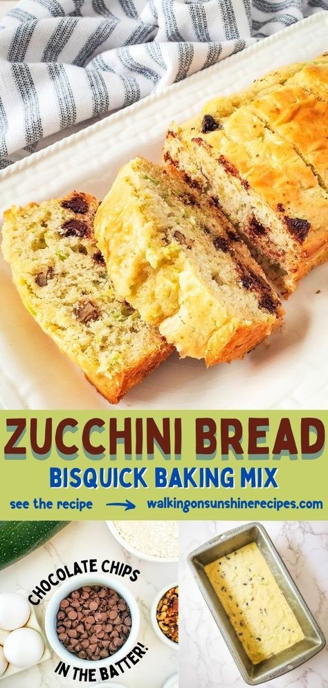 Made with grated zucchini, chocolate chips and baking mix, Bisquick Zucchini Bread is the perfect treat for any occasion, Pancake Mix Zucchini Bread, Zucchini Bread Bisquick, Zucchini Bread Made With Bisquick, Bisquick Zucchini Bread, Zucchini Bisquick Recipes, Bisquick Zucchini, Apple Zucchini Muffins, Impossible Pies, Apple Zucchini