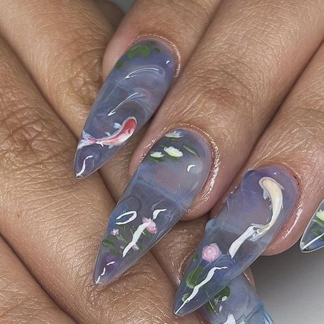 Japanese Gel X Nails, Japanese Style Nail Art, Lily Pad Nail Art, Pond Nail Art, Lily Pad Nails, Spider Lily Nails, Water Lily Nails, Koi Pond Nails, Fairy Garden Nails