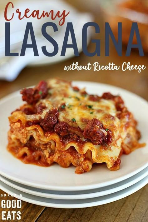 Lasagna No Ricotta, Easy Meat Lasagna Recipe, Lasagna Without Ricotta, Lasagna Without Ricotta Cheese, Super Easy Lasagna, Easy Meat Lasagna, Meat Lasagna Recipe, Lasagna No Meat Recipe, Creamy Lasagna