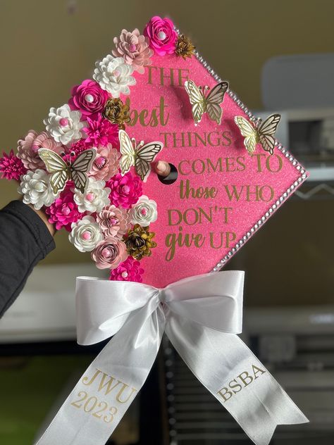 Graduation cap topper with 3D and butterflies | Graduation cap custom | graduation cap design | grad  Congratulation and thank you for stropping by. You can order cap as is or we can customize it for you. Feel free to contact us Graduation Cap Designs Butterfly, Graduation Cap Designs Pink, Pink Graduation Cap Designs, Cap Toppers Graduation, Pink Grad Cake, Girly Graduation Cap, Graduation Hat Toppers, Cap Decoration Graduation, Graduation Hat Designs