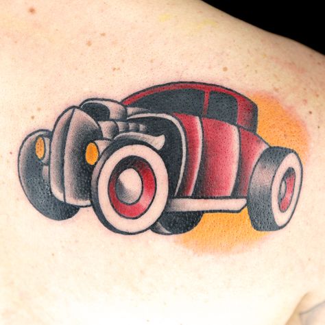 Hot Rod Tattoo Sleeve, Rat Rod Tattoo, Traditional Hot Rod Tattoo, Hot Rod Tattoo Ideas, Old School Car Tattoo, Vintage Car Tattoo, Chance Tattoo, Tattoo Challenge, Jason Tattoo