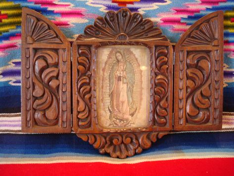 hand carved our lady of guadalupe - Mexican Candle Holder, Wooden Pillar Candle Holders, Rustic Wood Candle Holders, Wooden Pillars, Colonial Art, Indian Arts, Candle Carving, Wooden Candle Sticks, Wood Candle Sticks