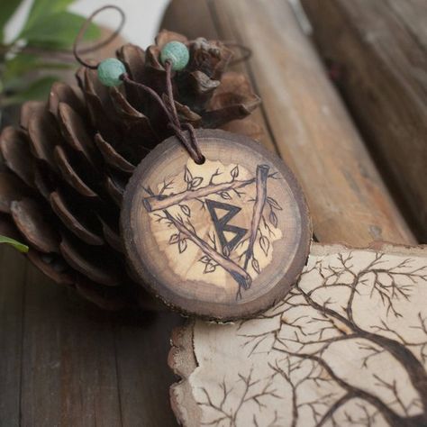 Norse pagan jewelry Viking rune amulets for girl. Ansuz, Berkana runic jewelry  wood burning art. Wo Rune Necklace, Rune Viking, Wiccan Necklace, Woodburning Projects, Norse Pagan, Norse Runes, Jewelry Wood, Witchy Crafts, Wood Burning Crafts