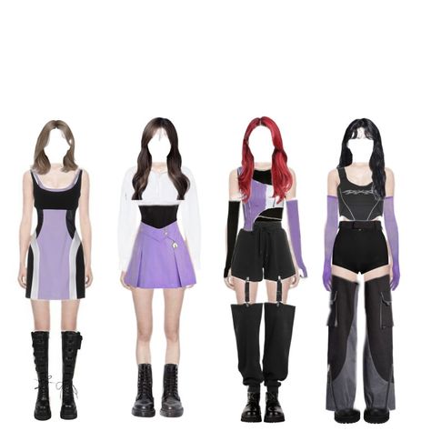 Kpop concert outfit for group 4 members black and purple Purple Kpop Outfits, Purple Stage Outfits, Concert Outfit Purple, Purple Concert Outfit, Purple And Black Outfits, Group Outfits, Kpop Concert Outfit, Kpop Concert, Outfits Edgy