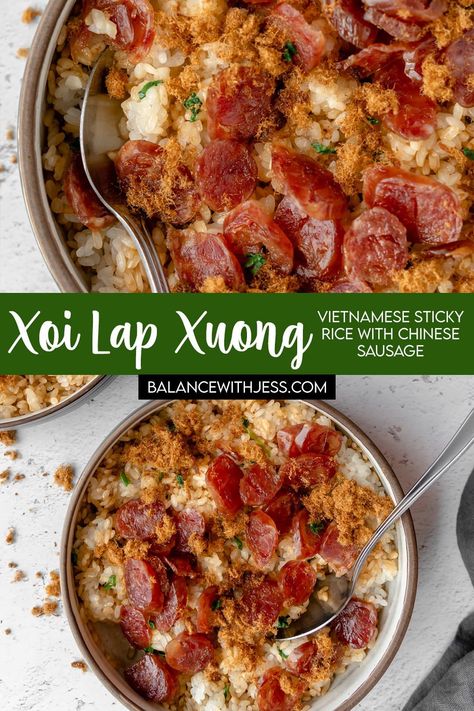 Xoi Lap Xuong is a family favorite! It's made with sticky glutinous rice and lap xuong, a sweet and salty Chinese sausage. The rice is seasoned with soy sauce and scallion oil, then topped with pork floss. It's an easy recipe that's great for breakfast, a snack, or family party! Includes gluten-free options. Recipes With Chinese Sausage, Vietnamese Sticky Rice, Lap Xuong, Vietnamese Breakfast, Scallion Oil, Pork Floss, Chinese Sausage, Viet Food, Russell Hobbs