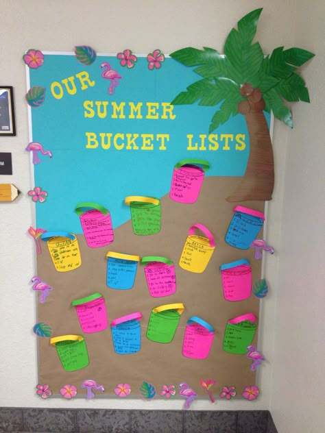 Summer Bulletin Board - "Our Summer Bucket Lists" Summer Wall Ideas For Classroom, Summer Teacher Board Ideas, Summer Bucket List Bulletin Board, Floating Into Summer Bulletin Board, Summer Break Bulletin Board, Summer Board Ideas Preschool, Summer Bulletin Boards For Work, Summer Birthday Bulletin Boards, June Birthday Board Ideas