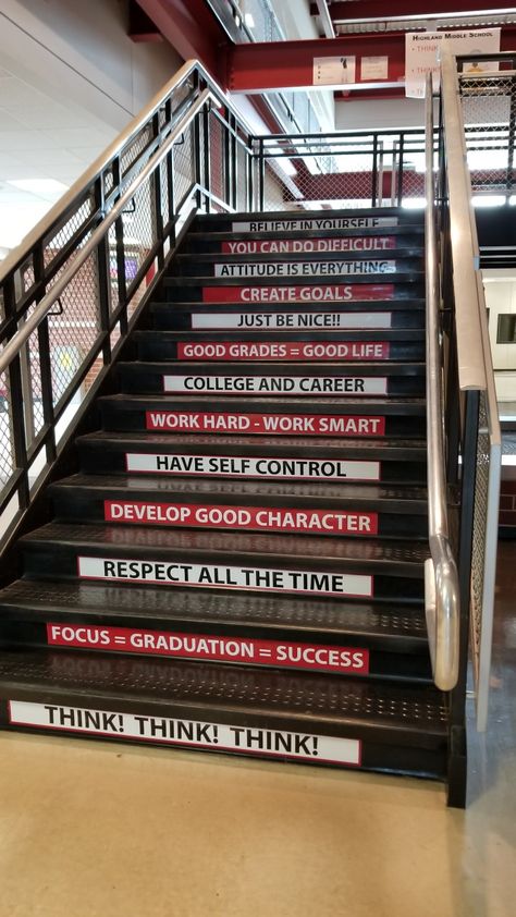 School empowerment quotes and decals on stairs. School Signage, Quotes School, Wall Art Paint, Sticker Inspiration, Stair Decals, Stairs Ideas, School Hallways, Stair Wall, School Wall Art