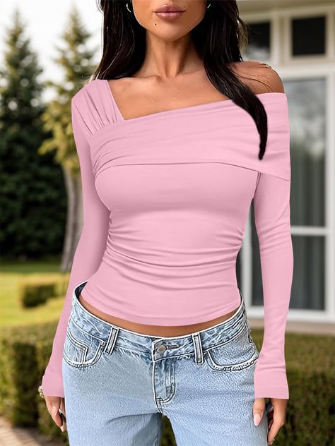 Features: Ruched Sheer: Opaque Stretch: Slightly stretchy Material composition: 95% polyester, 5% spandex Care instructions: Machine wash cold. Tumble dry low. Imported Size US Bust Top Length Sleeve Length S 2/4 32.3 16.1 23.2 M 6 33.9 16.5 23.6 L 8 35.4 16.9 24 XL 10 37 17.3 24.4 Trending Tops, Cami Tanks, 16 9, Stretchy Material, Outerwear Jackets, Blush Pink, Jumpsuit Dress, Dress Skirt, Long Sleeve T Shirt