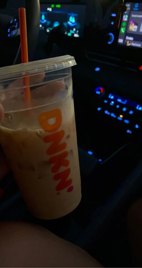 Dunkin Aesthetic Wallpaper, Coffee Night Aesthetic, Iced Coffee Snap, Ice Coffee Dunkin, Dunkin Astethic, Dunkin Coffee Aesthetic, Drink Ideas Coffee, Night Aesthetic Car, Night Coffee Snap