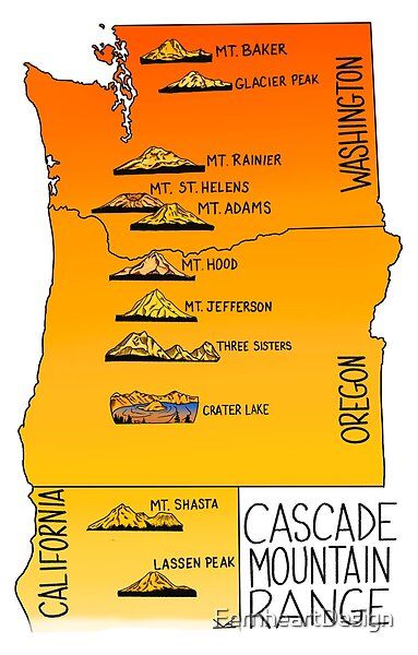 Cascade Mountain Range of WA , OR, and CA - Mt. Baker, Glacier Peak, Mt. Rainier, Mt. St. Helens, Mt Adams, Mt. Hood, Mt. Jefferson, Three Sisters, Crater Lake, Mt. Shasta, and Lassen Peak. Mt Shasta Tattoo, Mt St Helens Tattoo, Mt St Helens, Mt Hood, Mt Adams Washington, Mt Shasta, Washington State Mt Rainer, Mt Rainier National Park Poster, Mt Rainier Topography