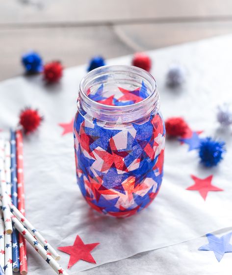 Tissue paper stained glass mason jar craft. Red white blue tissue paper craft. Mod Podge jar in red, white blue. Star shaped tissue paper decoupage mason. Marble Crafts, Patriotic Candles, Jar Decoration, Candle Holder Crafts, Tissue Paper Craft, Crafts Love, Marbles Crafts, Tissue Paper Crafts, Blue Tissue Paper