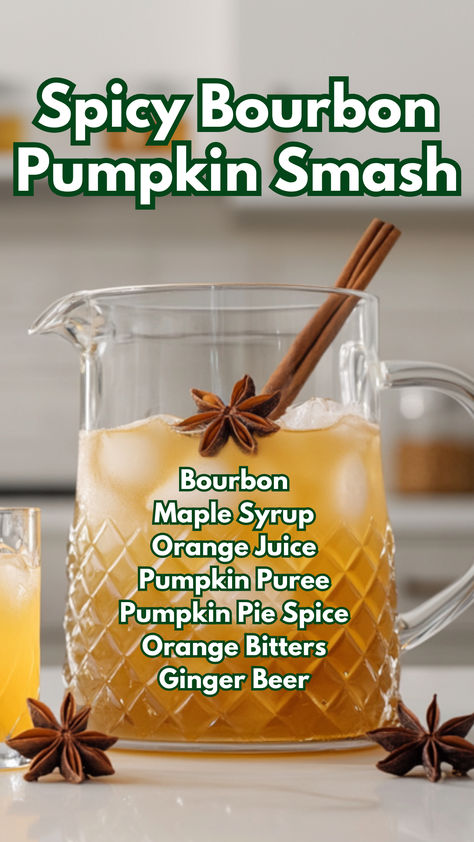 Spicy Bourbon Pumpkin Smash Spicy Bourbon Cocktail, Bourbon Fall Cocktails, Pumpkin Cocktails, Honey Cocktails, Autumn Beverages, Cocktail Board, Maple Cocktail, Cocktail Cards, Honey Cocktail