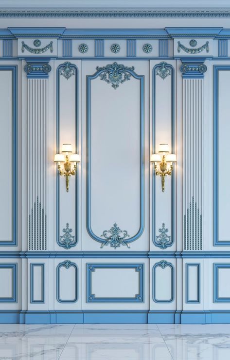 Classic wall panels in blue tones with g... | Premium Photo #Freepik #photo #pattern #gold #texture #wood Clear Wallpaper, Classic Wall Panel, White Wall Paneling, Corners Design, Architecture Baroque, Blue Panels, Seamless Backdrop, Photo Pattern, Classic Wall