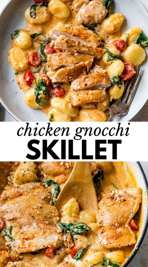 A scrumptious Chicken Gnocchi Skillet that combines soft and pillowy gnocchi with chicken, spinach and tomatoes, all coated in a creamy garlic parmesan sauce. Chicken Gnocchi Skillet, Gnocchi With Chicken, Gnocchi Recipes Healthy, Tomato Sauce Chicken, Creamy Garlic Parmesan Sauce, Buffalo Chicken Pasta, Garlic Parmesan Sauce, Favorite Pasta Recipes, Chicken Gnocchi