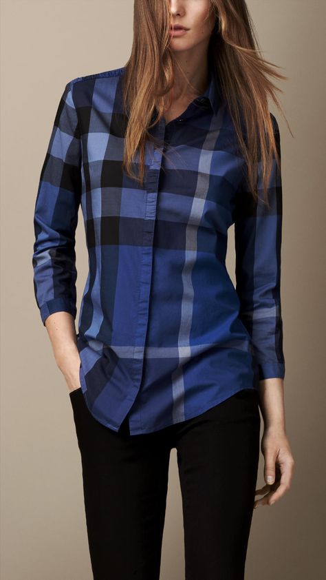 Check Cotton Shirt | Burberry Shirt Bob Hairstyles, Shirt Outfit Winter, Ladies Shirt Design, Burberry Shirt Women, Winter Shirt Outfit, Shirt Nails, Shirts Outfit, Quotes Shirt, Burberry Shirt