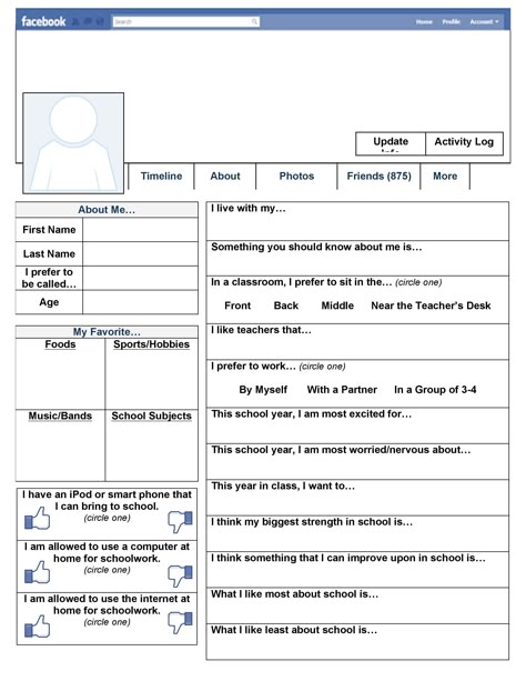 A free printable "Facebook" page to use on the first day of school to get to know your students Learning Style Inventory, Inventory Printable, Get To Know Your Students, Student Survey, First Day Of School Activities, Google Form, Printable Ideas, Icebreakers, Learning Style