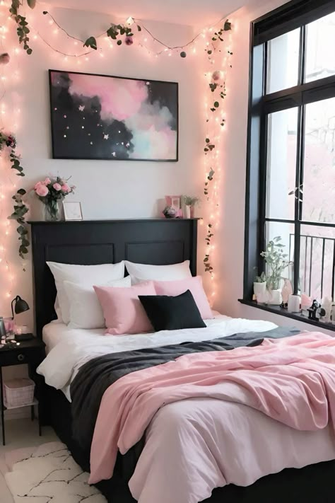 Light Pink Grey And Black Bedroom, Black And White Room With Pink Accents, Beige Room With Black Furniture, Cute Room Ideas Black And White, Black Pink Bedroom Decor, Black White And Hot Pink Bedroom, Pale Pink And Black Bedroom, Pink And Black House Aesthetic, Black Furnished Bedroom