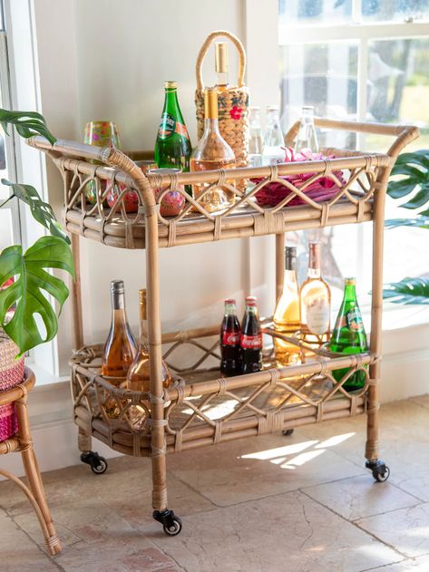 Rattan Bar Cart – Natural Life Rattan Plant Stand, Colorful Boho Home, Rattan Bar Cart, Tropical Patio, Boho Bar, Surf House Decor, Straw Holder, Rattan Bar, Plant Saucer