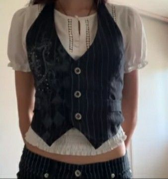 black patterned y2k grunge buttoned striped aesthetic vest Pinstripe Vest Outfit, Striped Vest Outfit, Stripe Vest Outfit, Aesthetic Vest, Y2k Vest, Pinstripe Vest, Striped Vest, Fun Clothing, Sixth Form