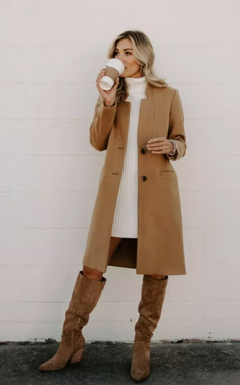 Tan Peacoat Outfit, Tan Wool Coat Outfit, Coat Outfit Ideas For Women, Camel Coat Outfit Winter Style, Camel Jacket Outfit, Tan Coat Outfit, Peacoat Womens Outfit, Sweater Coat Outfit, Peacoat Outfit