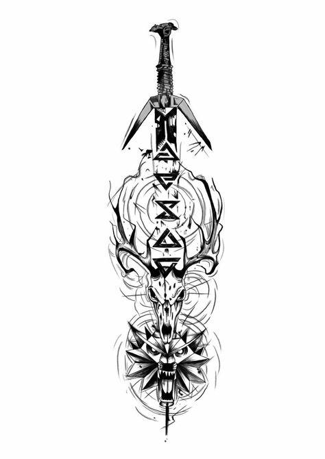 Call Of Duty Tattoo Designs, Leshen Witcher Tattoo, The Witcher Tattoos, Fehu Rune Tattoo, Viking Tattoo Ideas Norse Mythology, Witcher Tattoo Design, The Witcher Tattoo Ideas, Viking Tattoos For Men, Witcher Tattoo