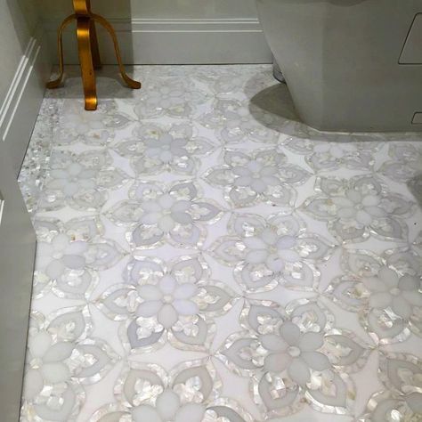 Mother Of Pearl Bathroom Ideas, Pearl Floor Tile, Marble And Glass Tile Bathroom, Unique Tiles Bathroom, Bathroom Floor Shower Tile, Pretty Tiles Bathroom, Floral Floor Tile, Pearl Shower Tile, Pretty Bathroom Tile