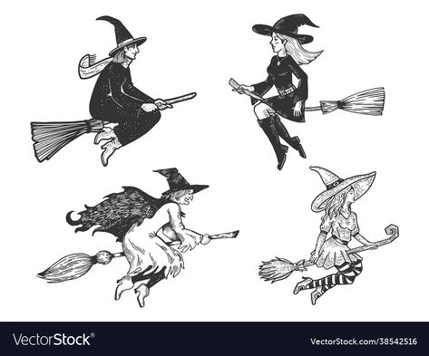 Witch Flying On Broom, Witch On Broom, Fly Drawing, Stick Drawings, Witch Drawing, Pin Up Illustration, Line Art Images, Halloween Clay, Witch Tattoo