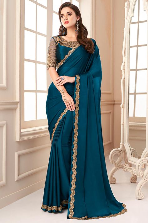 Blue Georgette Saree, Peach Color Saree, Bollywood Sarees Online, Off White Fashion, Red Bridal Dress, Simple Saree Designs, Chiffon Sarees, Floral Print Sarees, New Saree Designs