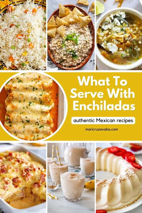 What To Serve With Enchiladas (Authentic Recipes) Sides For Enchiladas, Enchiladas Authentic, Rice And Refried Beans, Creamy Guacamole, Mexican Side, Authentic Mexican Recipes, Mexican Side Dishes, Mexican Rice, Easy Mexican