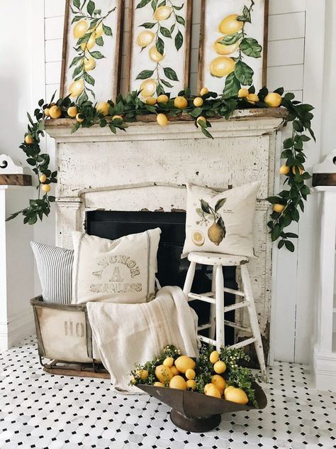 Summer Lemon Mantel – Four Ways Summer Mantel Decorating Ideas, Summer Living Room Decor, Mantle Decorating, Farmhouse Summer Decor, Diy Summer Decor, Summer Mantel, Spring Mantle, Mantel Decorating, Vibeke Design