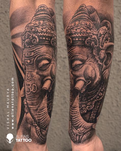 Lord Ganesha tattoo done by Vishal Maurya (@vishalmaurya068 ) at Aliens Tattoo (@alienstattooindia ) #tattooartist #tattooed #*ganeshtattoo #aliens #explore #mythology #status #shades #tattooartist #aliestattoo #india Lord Ganesh Tattoo, Ganesha Tattoo Sleeve, Tattoos Mythology, Lord Ganesha Tattoo, Ganesha Tattoos, Texture Tattoo, Buddha Tattoo Sleeve, Aliens Tattoo, Hanuman Tattoo