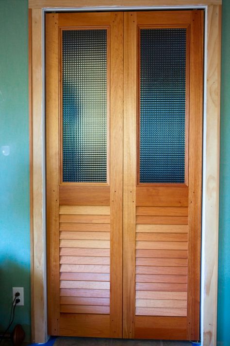 Custom Glass over Louvered Bifold Doors Louvered Door Ideas, Frosted Glass Closet Doors, Louvered Bifold Doors, Bifold Door Ideas, Bifold Doors Makeover, Glass Louvers, Glass Bifold Doors, Louvre Doors, Glass Closet Doors