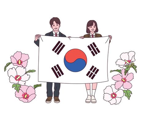 A young male and female student is standing with a large Korean flag. Sharon flowers are blooming next to it. South Korea Culture, Korean Image, South Korea Flag, Korea Południowa, Flag Drawing, Korean Flag, Rangoli Designs Simple Diwali, Korean Student, Airplane Wallpaper