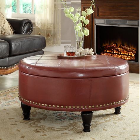 Copper Grove Payara Round Storage Ottoman - Bed Bath & Beyond - 7945167 Coffee Table Alternatives, Table Space Saving, Storage Ottoman Coffee Table, Modern Wood Coffee Table, Leather Coffee Table, Leather Storage Ottoman, Round Storage Ottoman, Drum Coffee Table, Leather Storage