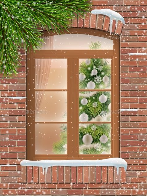 View through a window on Christmas interior with a decorated Christmas tree in the living room.Wooden window in a brick wall. Outs Window Vector, Boutique Window Displays, Xmas Drawing, Window Illustration, Through A Window, Window Drawing, A Brick Wall, Pop Up Window, Christmas Interiors