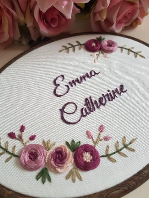 MEGA SALE !!! 50% OFF Custom Floral Embroidery Hoop #floral #embroidery #embroidered #handstitched #babyshower #homedecor #homedesign #wallsign #wallart #name #hoop #etsygifts https://etsy.me/3rxfv5u Embroidery Pendant, Modern Hand Embroidery Patterns, Name Plate Design, Embroidered Hoop, Accessory Design, Floral Carpet, Name Embroidery, Floral Rosa, Basic Embroidery Stitches