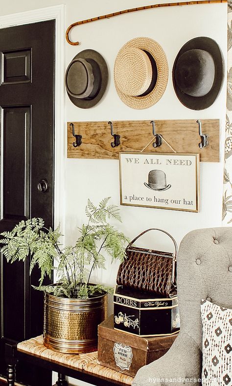 Hats On Shelf, Hanging Hats On Wall Diy, Hat Wall Display Men, Hats On Wall, Hats On The Wall, Hat Wall Display, Hat Displays, Hat Wall Art, Wall Entryway