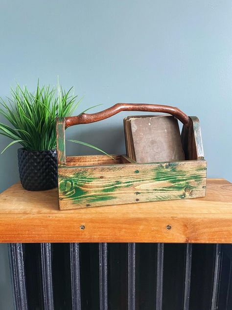 ALL ORDERS RECEIVED ON OR AFTER MARCH 7 will ship out MARCH 21! We just love our little wooden tool box! This green reclaimed wood tool caddy is great as a rustic centerpiece, or kitchen island decor. This vintage inspired toolbox is also perfect for mail organization, or craft or art supply storage! Made from repurposed pallet wood, this wooden toolbox would fit in perfectly with your industrial farmhouse style!  This handmade toolbox measures 13 3/4 inches long, 5 1/2 inches wide and 7 1/2 inc Mail Organization, Wooden Tool Box, Repurposed Pallet Wood, Art Supply Storage, Wood Tool Box, Tool Caddy, Wooden Tool Boxes, Rustic Centerpiece, Art Supplies Storage